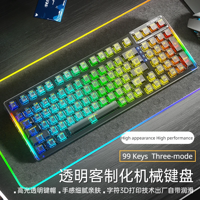 Механична клавиатура F98 по поръчка, безжична клавиатура Bluetooth, прозрачна детска клавиатура с три режима RGB с възможност за гореща замяна