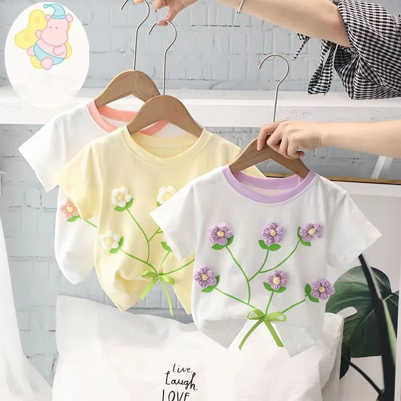 2023 Нова Лятна модна тениска с цветен модел за момичета, детски Памук Удобен топ с къс ръкав и с цвете за деца от 2, 3, 4, 5 години