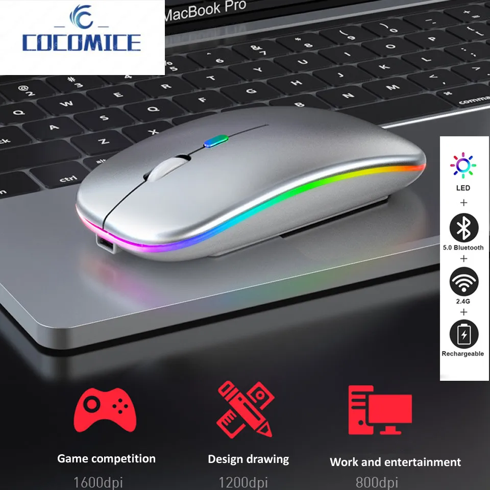 Безжична Мишка Raton С Led Подсветка, USB Акумулаторна Bluetooth-съвместима RGB Тиха Детска Мишката, За Компютър, Лаптоп КОМПЮТРИ