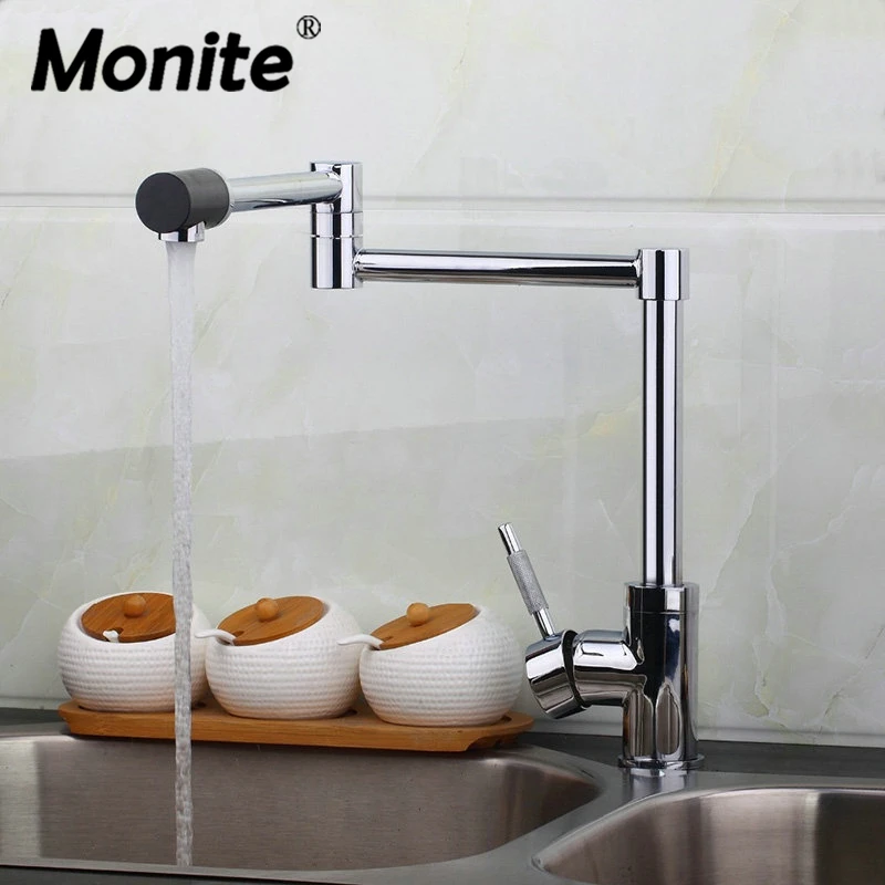 Дизайн Monite Въртящи се На 360 Хромиран месинг кран за мивка, мивки, кухненско кран, миксер, сгъване на завъртане чучур, смесител за мивка, смесител за мивка